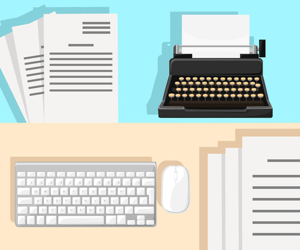 Werkplek met typemachine. Platte ontwerp. Het schrijven van een blog, bloggen. Storytelling techniek. Copywriting. Blogging concept illustratie - Vector, afbeelding