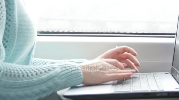 As mãos femininas que digitam no teclado do computador portátil no trem. Mulher conversando com amigos durante a viagem de trem. Menina usando notebook. Imprima uma mensagem no braço. Fechar
 - Filmagem, Vídeo