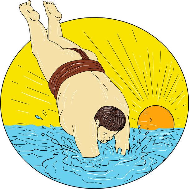 Japanese Sumo Wrestler Diving Sea Sunset Circle Drawing - Vector, Image
