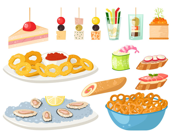Vários lanches de carne canapé aperitivo peixe e queijo banquete lanches na ilustração vetorial platter
. - Vetor, Imagem