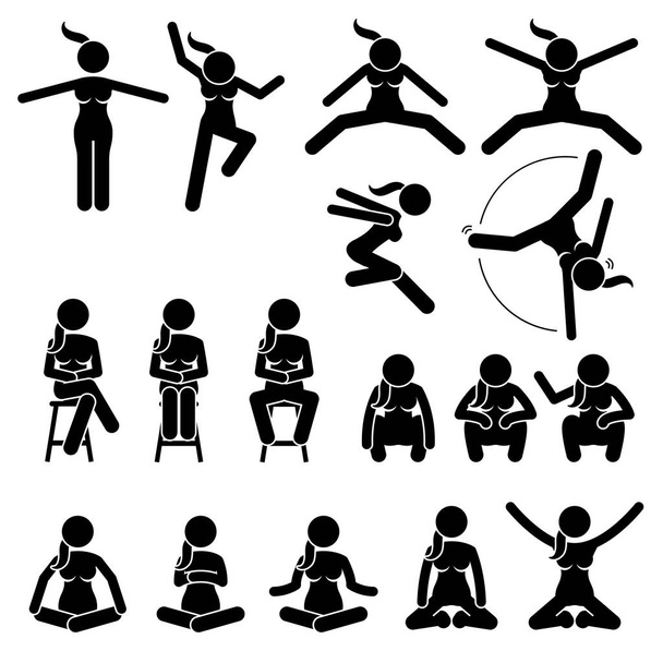Basic Woman Jump and Sit Actions and Positions. - Vector, Image