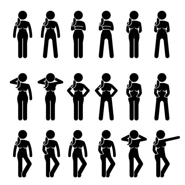 Basic Woman Standing Postures and Poses. - Vector, Image