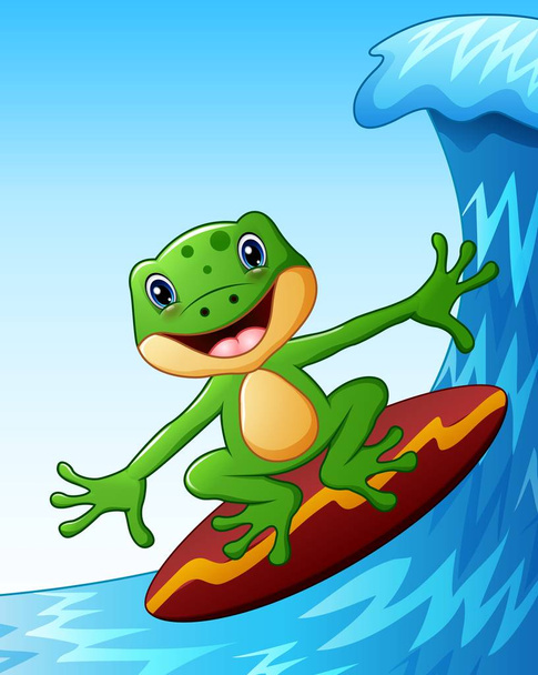 Hymyilevä sammakko sarjakuva surffailu iso meri aaltoja
 - Vektori, kuva