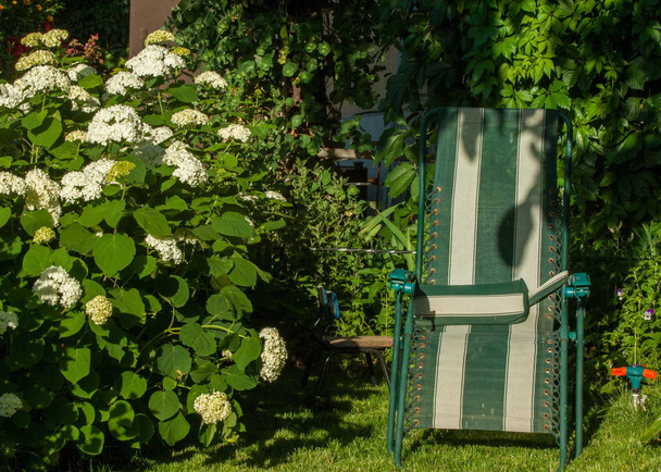 tragbarer Stuhl im Garten, bequemer Stuhl, typischerweise gepolstert, mit seitlichen Stützen für die Arme einer Person. - Foto, Bild