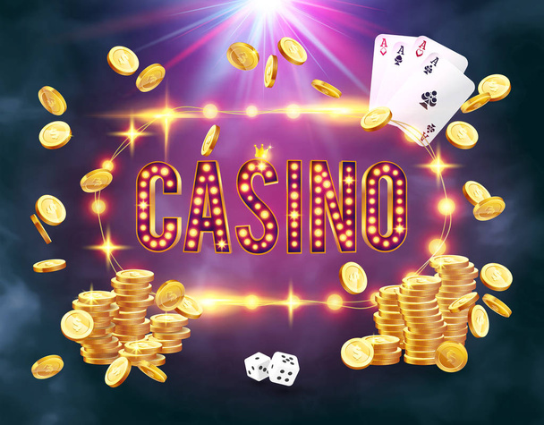 The word Casino, surrounded by a luminous frame and attributes of gambling, on a explosion background. The new, best design of the luck banner, for gambling, casino, poker, slot, roulette or bone. - Vecteur, image