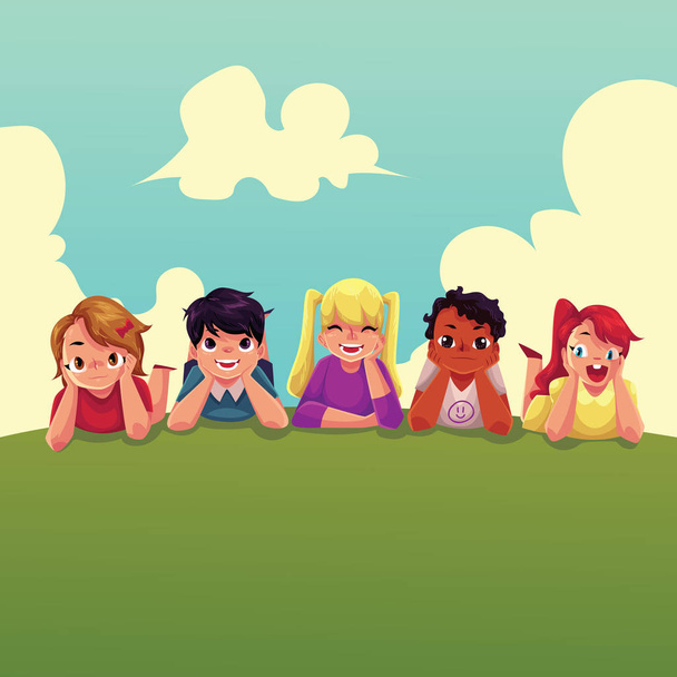 Group of happy children lying on green grass, summer activity - Vector, Image