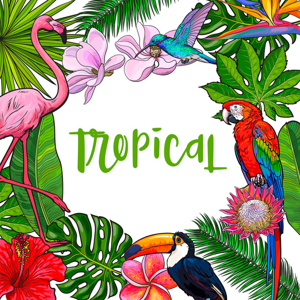 Banner with tropical palm leaves, birds, flowers, place for text - Wektor, obraz