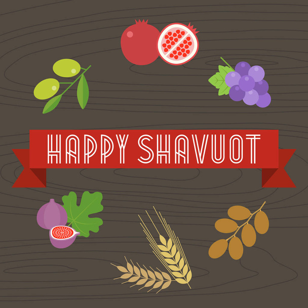 Happy shavuot titre sur ruban avec 7 espèces et fond en bois, design plat
 - Vecteur, image