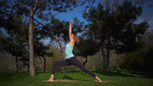 junge schlanke Frau macht Yoga auf Rasen im Wald Zeitlupe - Filmmaterial, Video