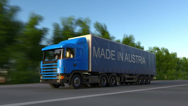 Snelheidsovertredingen vracht semi vrachtwagen met gemaakt In Oostenrijk bijschrift op de aanhangwagen. Lading wegvervoer. 3D-rendering - Foto, afbeelding