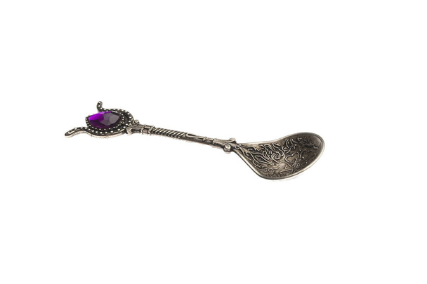 Spoon engraved, from silver and precious stone, table cutlery, for tea ceremony - Photo, Image