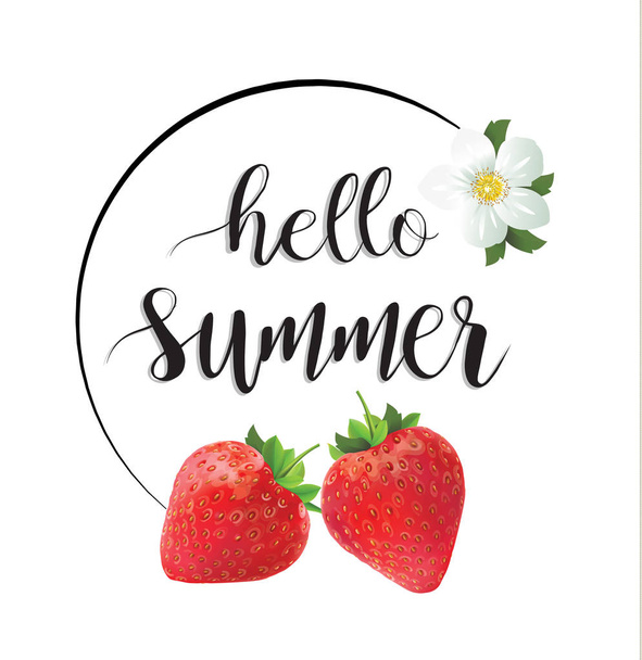 Hello summer lettering strawberries - Vector, Image