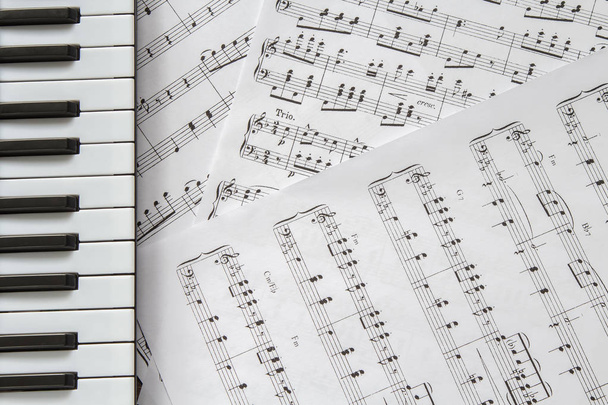 teclado de piano sobre fondo de notas musicales
 - Foto, Imagen