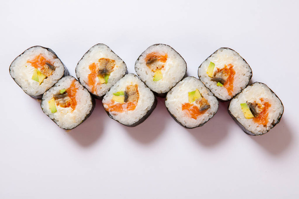 Japanese seafood sushi , roll a white background - Foto, Imagem