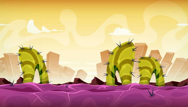 Desenhos animados sem costura engraçado ficção científica planeta alienígena paisagem fundo com vegetação estranha, formas geólicas e camadas para paralaxe
 - Vetor, Imagem
