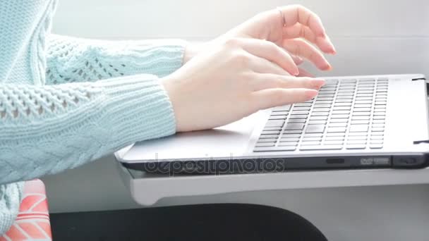 Genç kız bir tren seyahat ve dizüstü bilgisayar kullanarak. Erkek tipik dizüstü klavye üzerinde demiryolu üzerinde sürme sırasında eller. Çekici kadın arkadaşlarınızla sohbet. Yavaş hareket kapatmak - Video, Çekim