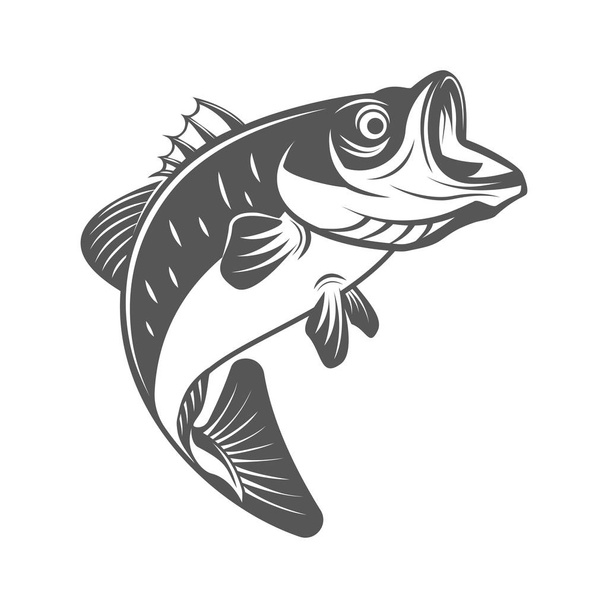 Bassfisch-Vektorillustration im monochromen Vintage-Stil. Designelemente für Logo, Etikett, Emblem. - Vektor, Bild