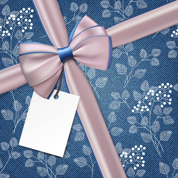 Realistic pink with blue gift bow and ribbon on denim background with floral pattern. - Vettoriali, immagini