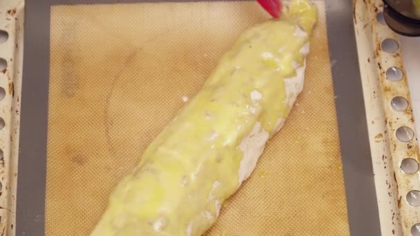 Womans hands covering raw strudel with the stirred eggs closeup - Video, Çekim
