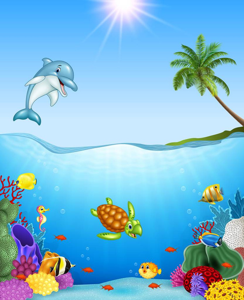Cartoon tropical fish and beautiful underwater world - Vector, Image