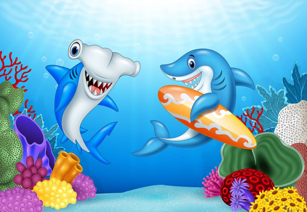 Tiburones de dibujos animados con fondo tropical submarino
 - Vector, imagen