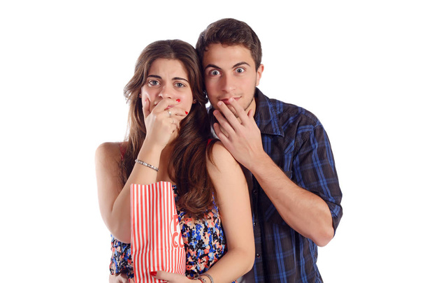 Couple eating popcorn and watching movies. - Zdjęcie, obraz