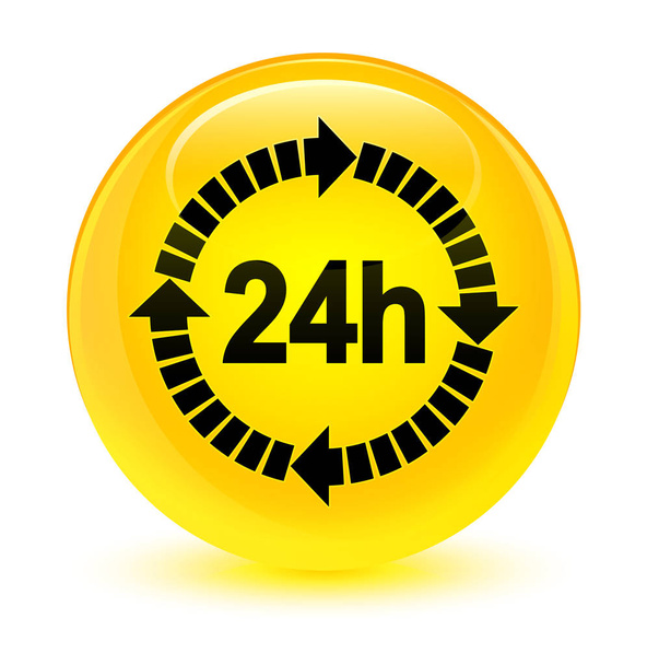 24 órás kiszállítás ikon üveges sárga kerek gomb - Fotó, kép
