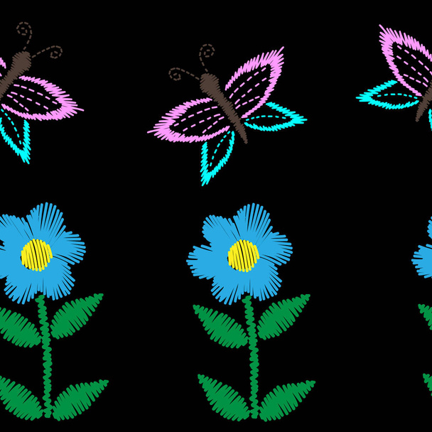 Motif sans couture avec des points de broderie papillon et fleur i
 - Vecteur, image