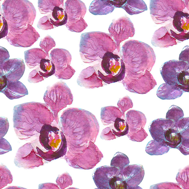 水彩の蘭の花の白い背景の上のシームレスなパターン - 写真・画像