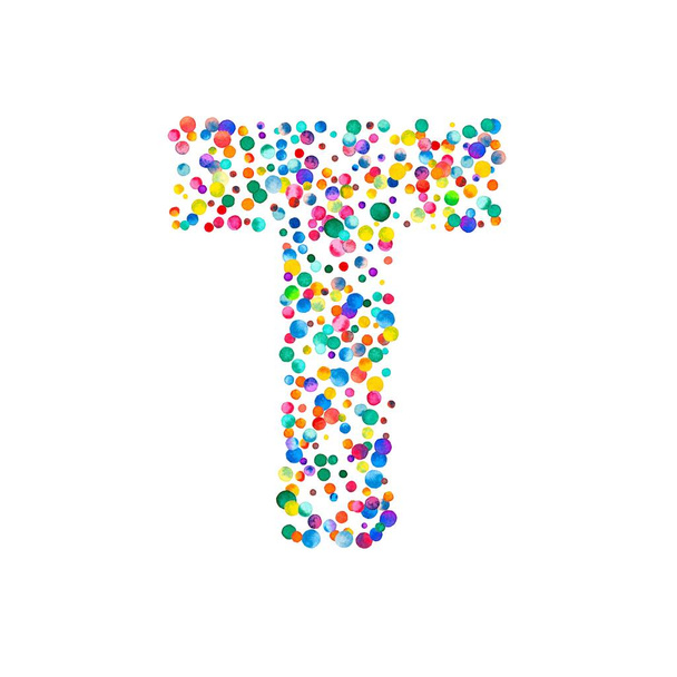 Letter t filled with dense watercolor confetti on white background Colorful bright hand painted - Photo, Image