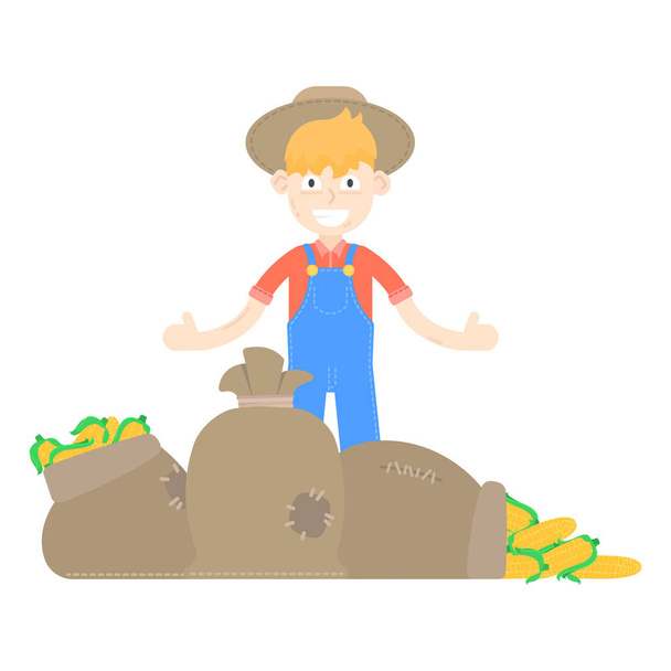 Farmer in hat dressed in a blue jumpsuit, stand about sacks of corn - Vector, Image