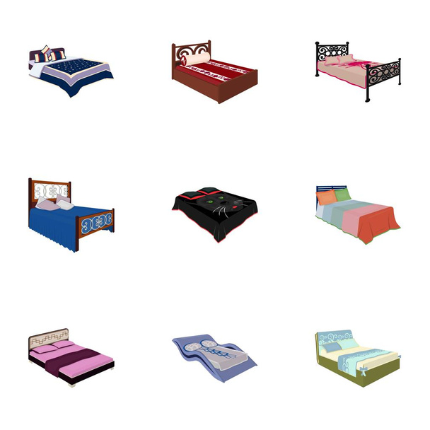 Το σύνολο των εικόνων στο θέμα του ύπνου και ανάπαυσης. Διαφορετικά κρεβάτια για κάθε γούστο και χρώμα. Κρεβάτι εικονίδιο σε σύνολο συλλογή σε κινούμενα σχέδια σύμβολο μετοχής εικονογράφηση φορέα στυλ. - Διάνυσμα, εικόνα