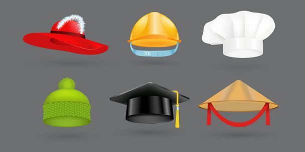 Different kind of fashion hat modern elegance cap and textile accessories clothes vector illustration - Vector, Image