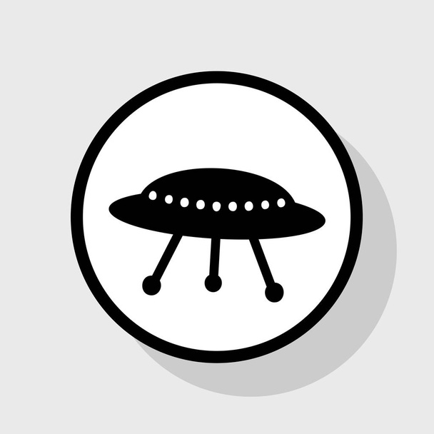 UFO eenvoudige teken. Vector. Platte zwarte pictogram in de witte cirkel met schaduw op grijze achtergrond. - Vector, afbeelding