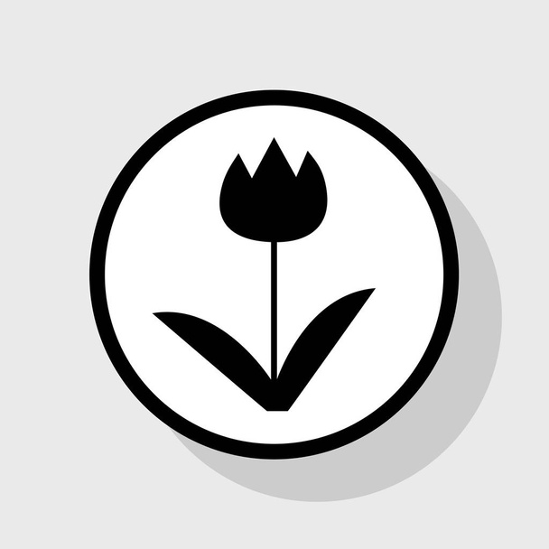 Signe de tulipe. Vecteur. Icône noire plate en cercle blanc avec ombre sur fond gris
. - Vecteur, image