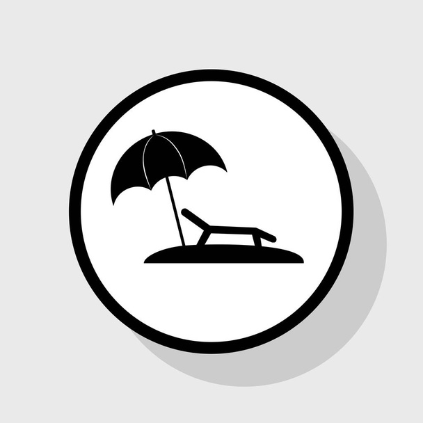 Tropical resort beach. Sunbed Chair sign. Vector. Flat black icon in white circle with shadow at gray background. - Vector, Image