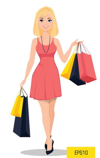 Belle femme avec des sacs. Attrayant dessin animé fille en belle robe sur une frénésie de shopping. Illustration vectorielle
 - Vecteur, image