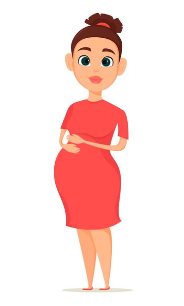 Cute pregnant woman in red dress. Pregnancy is the happiest time in life of every woman. Cartoon character. Vector illustration. - Vector, Image