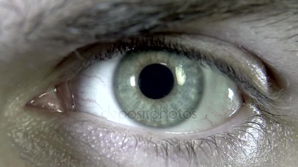 Ojo verde masculino macroplano con pupila dilatada
 - Metraje, vídeo