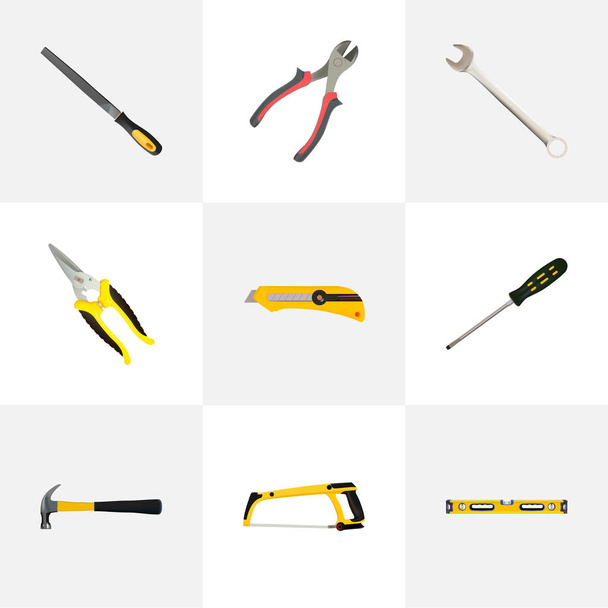 Realistic Arm-Saw, Sharpener, Carpenter And Other Vector Elements. Set Of Construction Realistic Symbols Also Includes Carpenter, Knife, Screwdriver Objects. - Vector, Image