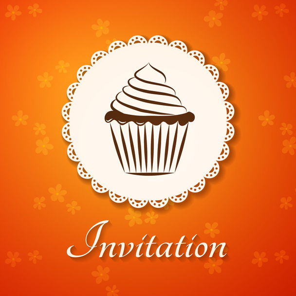 Einladungskarte / Hintergrund. Etikett mit Cupcake auf orangefarbenem Hintergrund. - Vektor, Bild