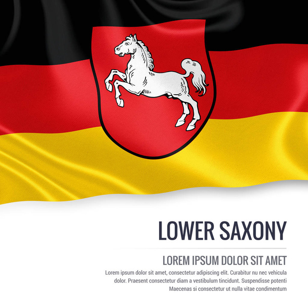 Κάτω Σαξονία κυματίζει σε απομονωμένες λευκό φόντο του κράτους σημαίας της γερμανικής. - Φωτογραφία, εικόνα