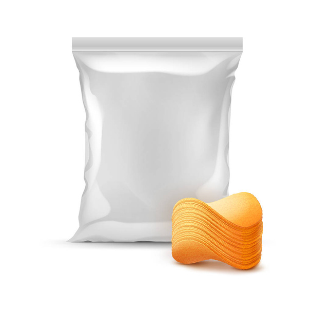 Vektor vertikal versiegelte Folie Plastiktüte für Verpackungsdesign mit Stapel von Kartoffel knusprigen Chips in Nahaufnahme isoliert auf weißem Hintergrund - Vektor, Bild