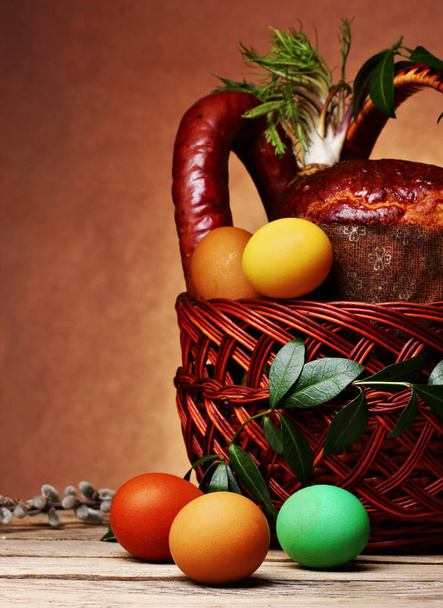 Traditional Easter basket with food.copy space - Photo, Image