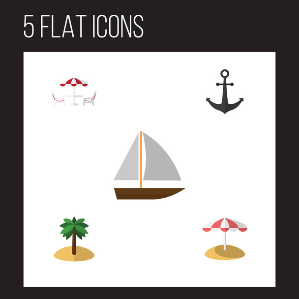 Set caldo piatto di yacht, sdraiati, cocco e altri oggetti vettoriali. Include anche barca, yacht, elementi dell'isola
. - Vettoriali, immagini