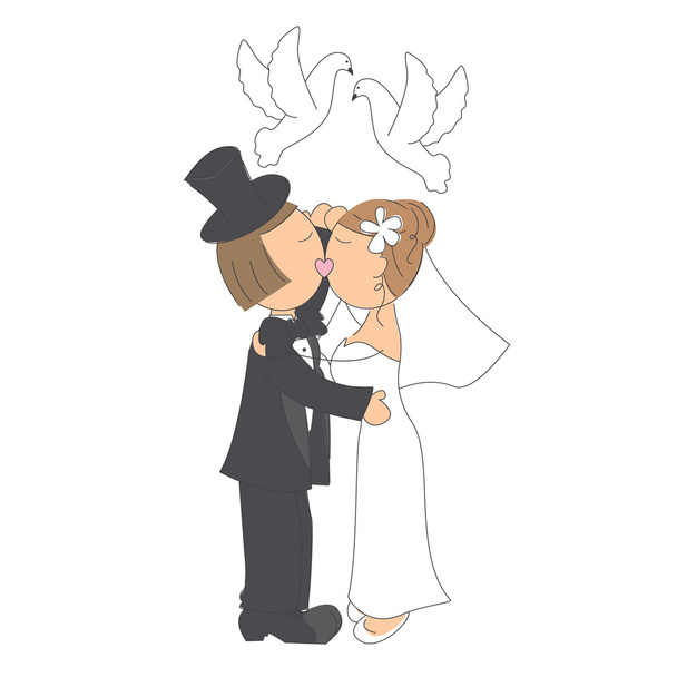 esküvői pár csók és engedje, galambok, - Vektor, kép
