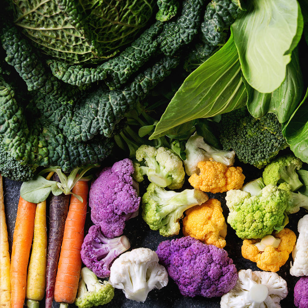 Green salads, cabbage, colorful veggies - Fotoğraf, Görsel