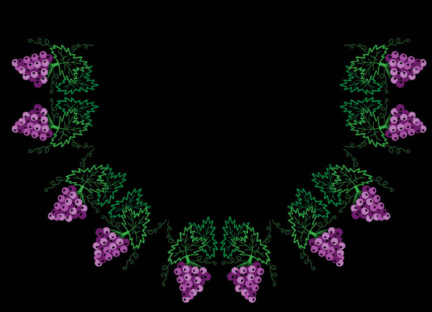 Bladeren en druiven halve frame patroon borduurwerk steek het wijnstokras - Vector, afbeelding