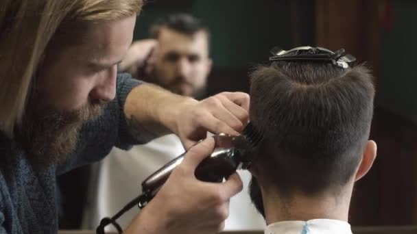 Barber shaving the hair in the barbershop - Felvétel, videó