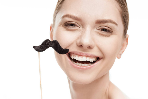 woman with black mustaches on stick - Φωτογραφία, εικόνα